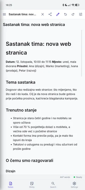 Noteless na Androidu: bilješka sa sastanka u prikazu za čitanje, s navigacijom pri dnu