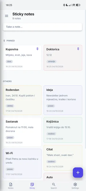 Ljepljive bilješke na Androidu u dva stupca, s prikvačenima na vrhu