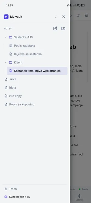 Bočni izbornik s mapama i bilješkama trezora