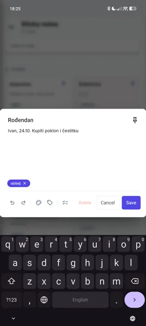 Uređivanje ljepljive bilješke s oznakom i alatima za boju i popis
