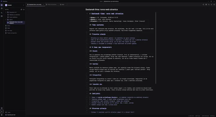 Ista bilješka u uređivaču s markdown sintaksom i brojevima redaka